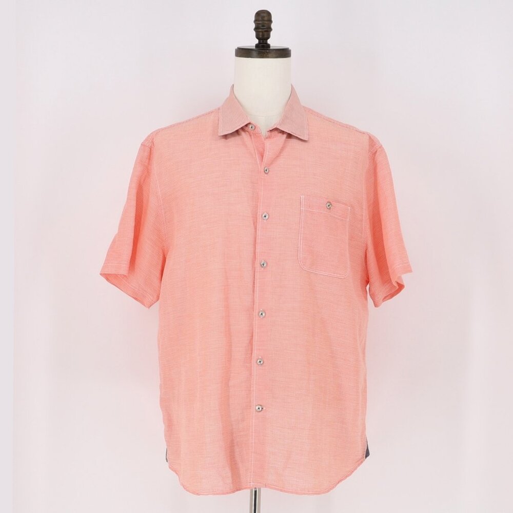 TOMMY BAHAMA Linen Blend Short Sleeve Mini Gingham Shirt Salmon Orange Size XL